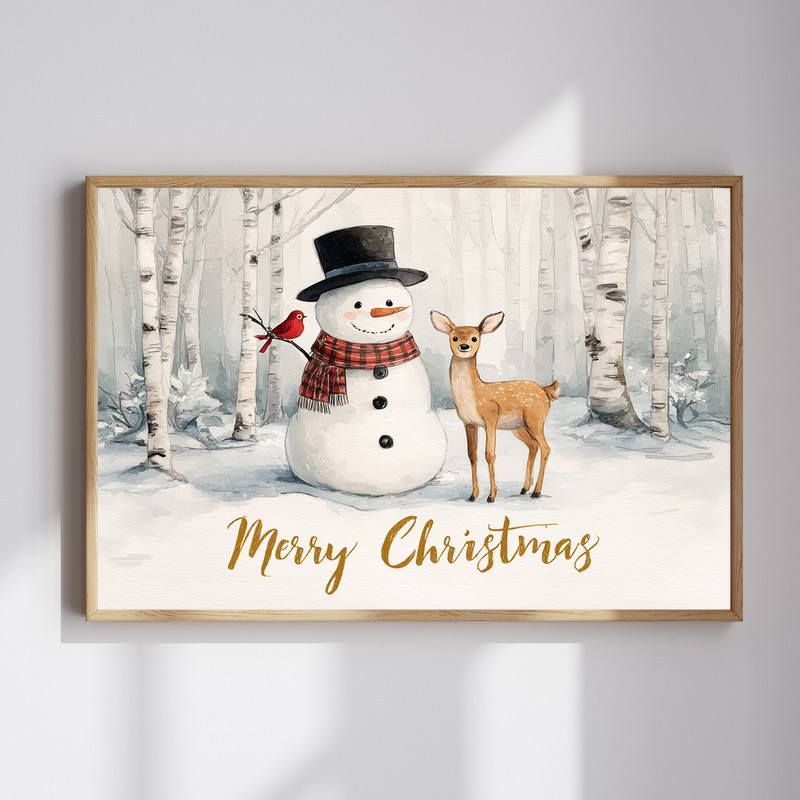 Joyful snowman and reindeer canvas wall art for festive hallway decor, featuring a cheerful winter holiday scene | Familywalldecor