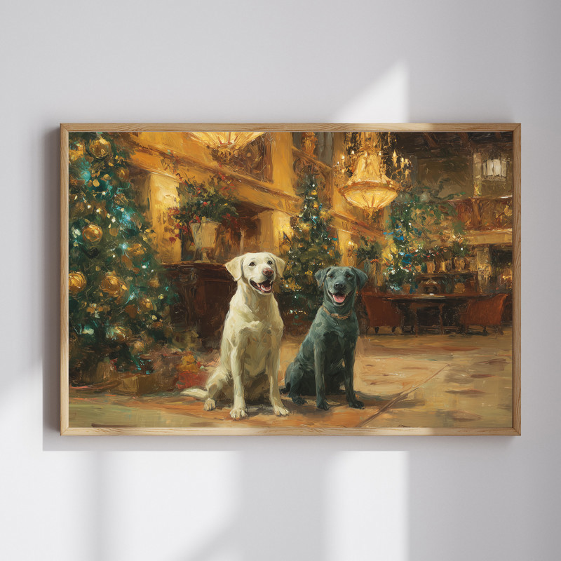 Labradors’ Christmas Delight canvas wall art featuring dogs in a festive hall with tree and garlands for hallway decor | Familywalldecor