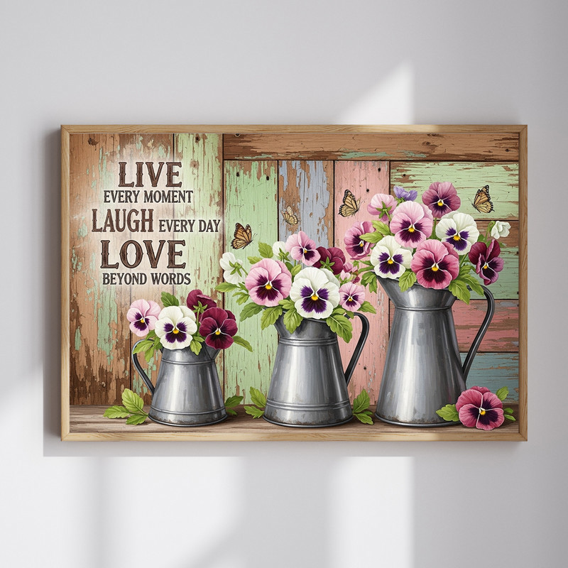 Live Laugh Love pansies rustic canvas wall art with script lettering and purple florals, perfect farmhouse living room decor | Family Wall Decor