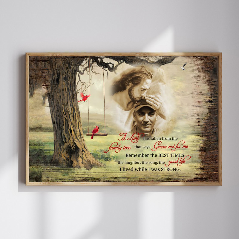 Memorial canvas wall art featuring A Limb Has Fallen poem with red cardinals, customized with loved one's name and dates | Familywalldecor
