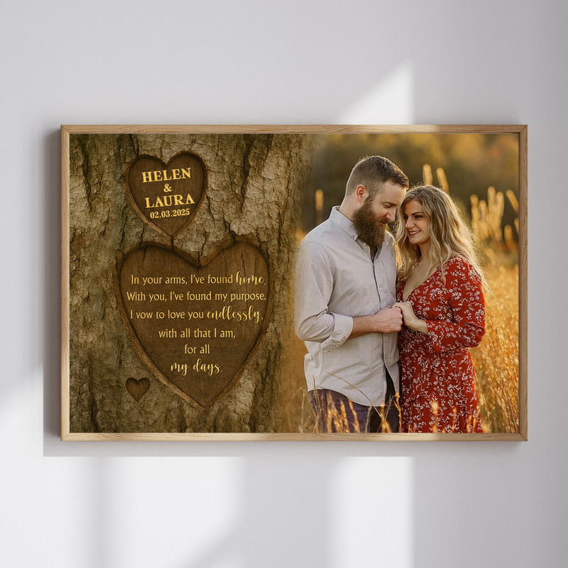 Love tree carving canvas wall art with custom names, special date, and couple photo, anniversary gift for bedroom decor | Familywalldecor