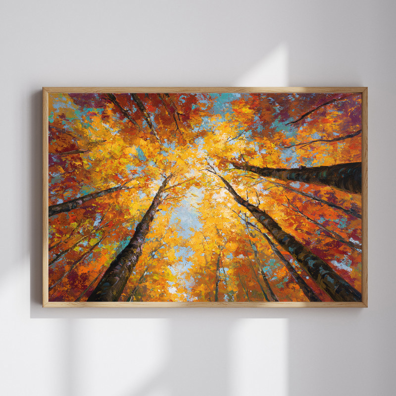 Low-angle autumn maple trees canvas wall art with golden foliage, vertical orientation, perfect for brightening hallway decor | Family Wall Decor