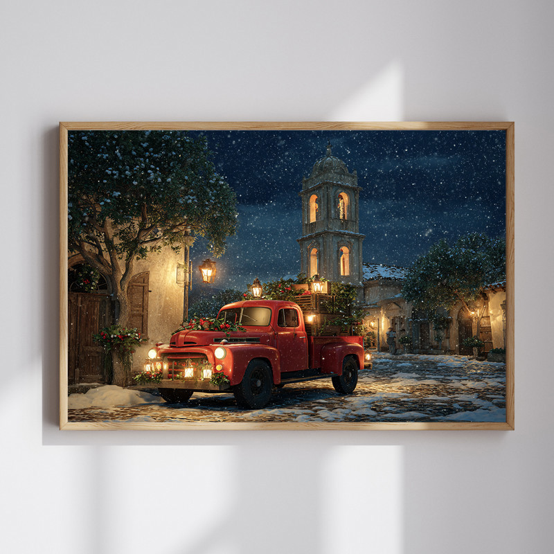 Magical Christmas Eve red truck canvas wall art with snowy pines and warm cottage lights for entryway holiday decor | Familywalldecor