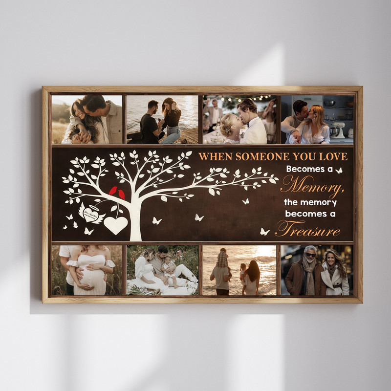 Memory tree memorial photo collage canvas wall art with family tree silhouette, custom names, dates, and loving tribute quote | Family Wall Decor