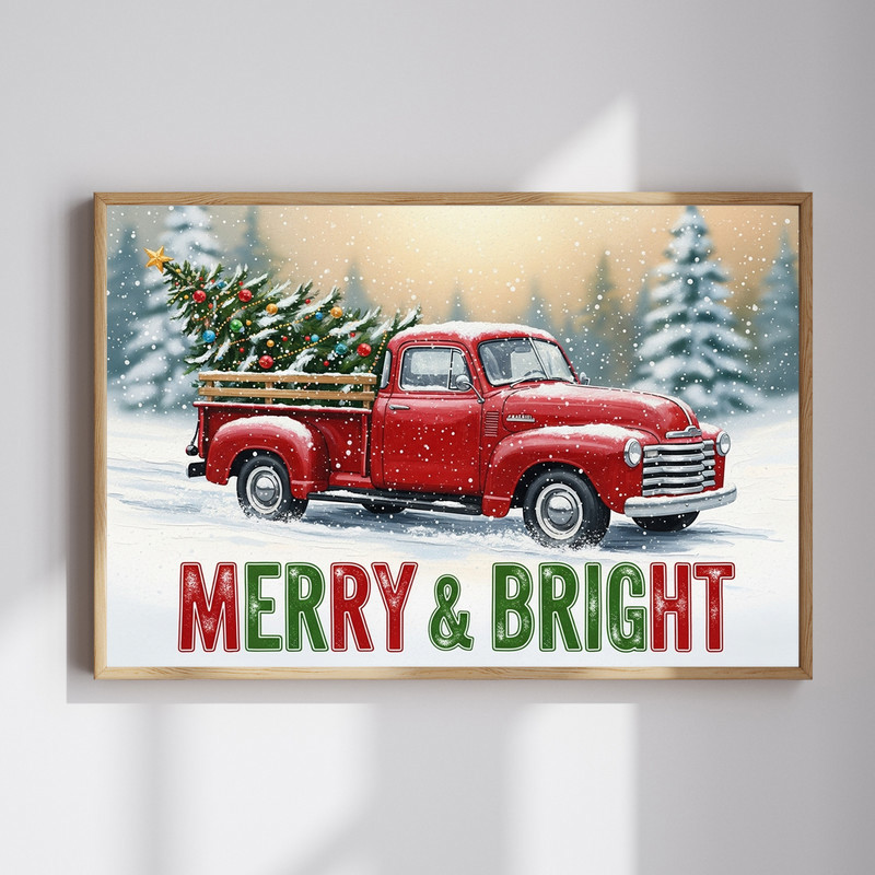 Merry & Bright holiday truck canvas wall art featuring red vintage pickup and fir tree, cozy hallway Christmas decoration | Familywalldecor