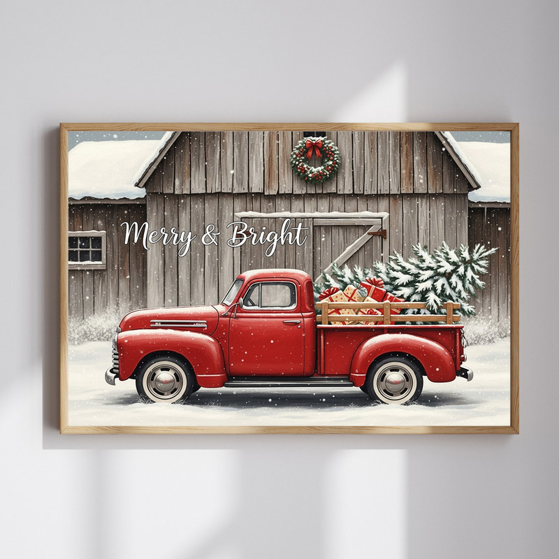 Merry & Bright vintage truck canvas wall art, red pickup with evergreen tree and script for rustic entryway holiday decor | Family Wall Decor