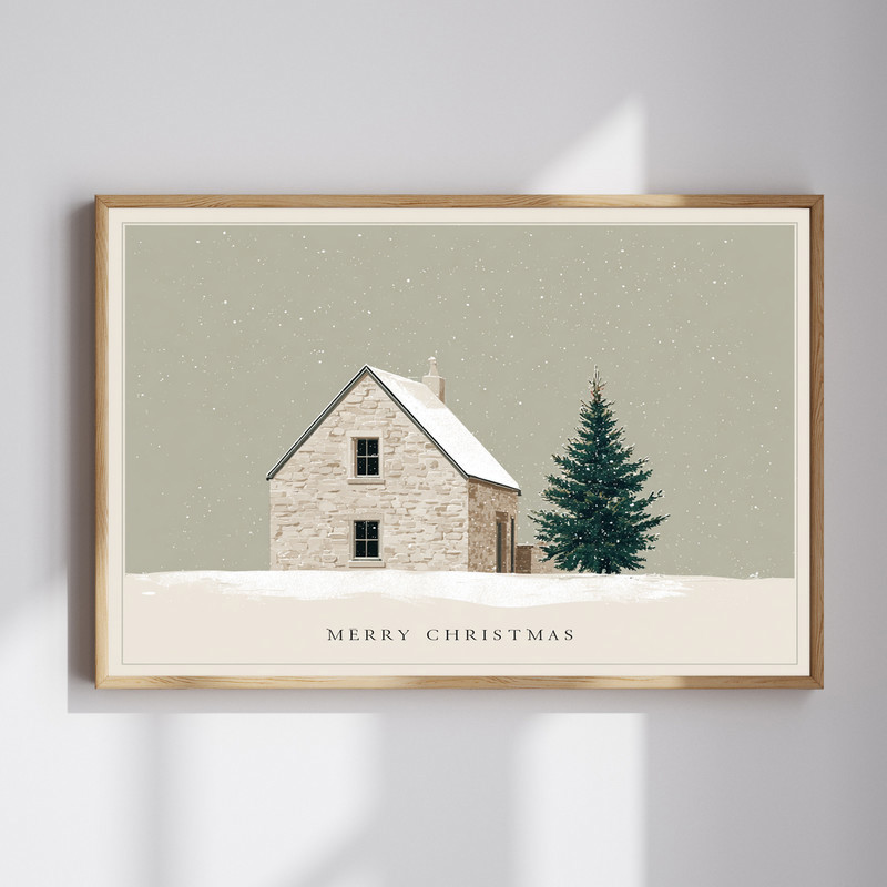 Merry Christmas canvas wall art with snowy pine tree and cottage, cozy hallway decor in rustic farmhouse style | Familywalldecor