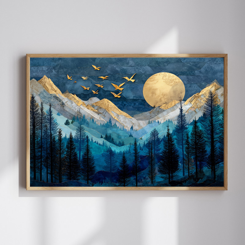 Moonlit peaks Christmas farmhouse canvas wall art featuring snowy mountains and pines, entryway decor in rustic style | Familywalldecor
