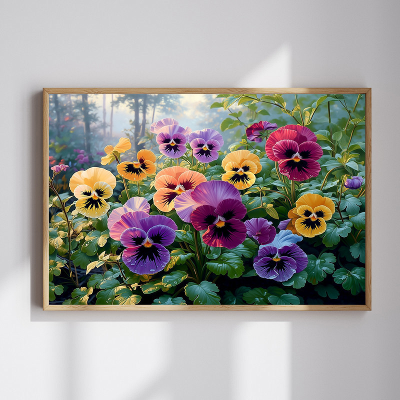 Morning pansies garden canvas wall art with purple and yellow blooms glowing in soft dawn light, lush leaves and dewy petals | Familywalldecor