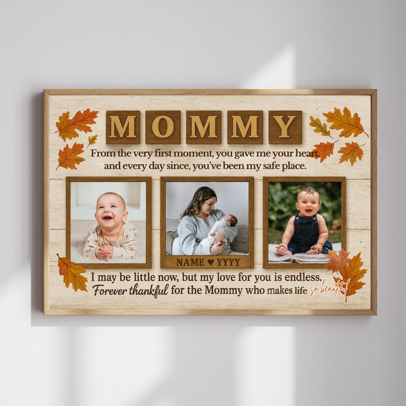 Thanksgiving photo collage canvas personalized for new mom, custom photos and name, autumn accents, portrait wall art gift | Familywalldecor