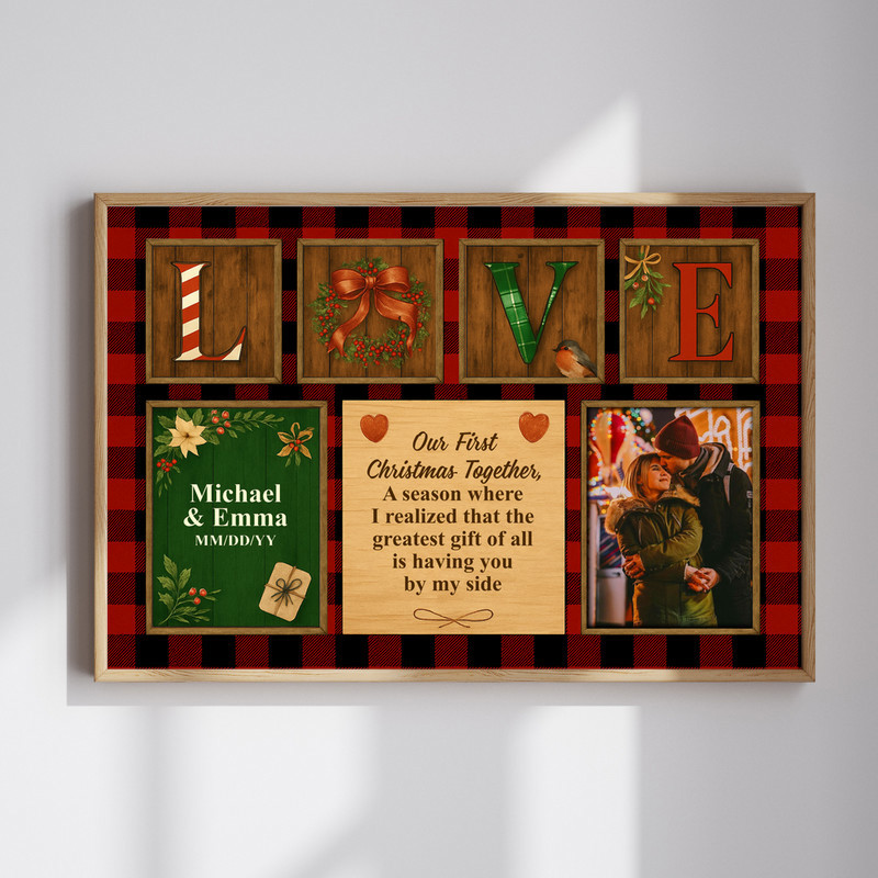 Our First Christmas Together canvas wall art, red buffalo plaid, personalized with couple names and date, newlywed gift | Familywalldecor