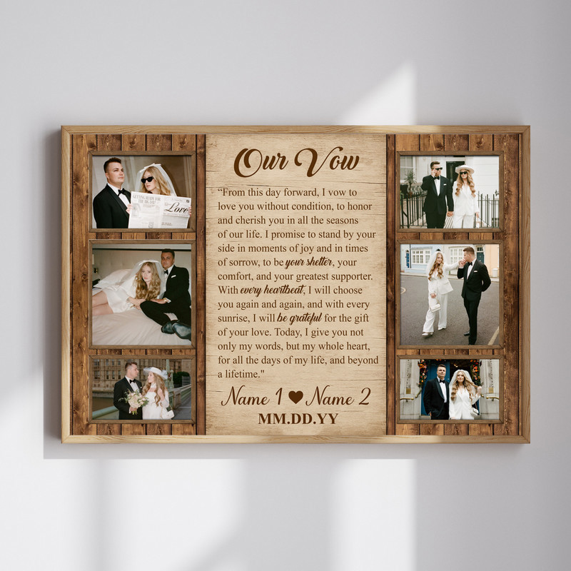 wedding vow photo collage canvas wall art with custom names, date, vows and 6 photos, neutral palette in a horizontal layout | Familywalldecor