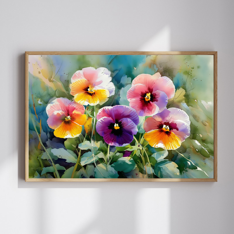 Pansies in garden watercolor canvas wall art with purple and yellow blooms, delicate brushstrokes, and lush green foliage | Familywalldecor