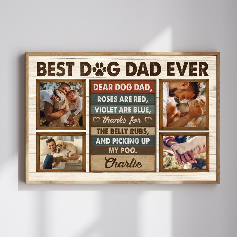 Best Dog Dad Ever canvas, personalized rustic photo collage with custom pet photos in farmhouse style, Father’s Day gift | Family Wall Decor