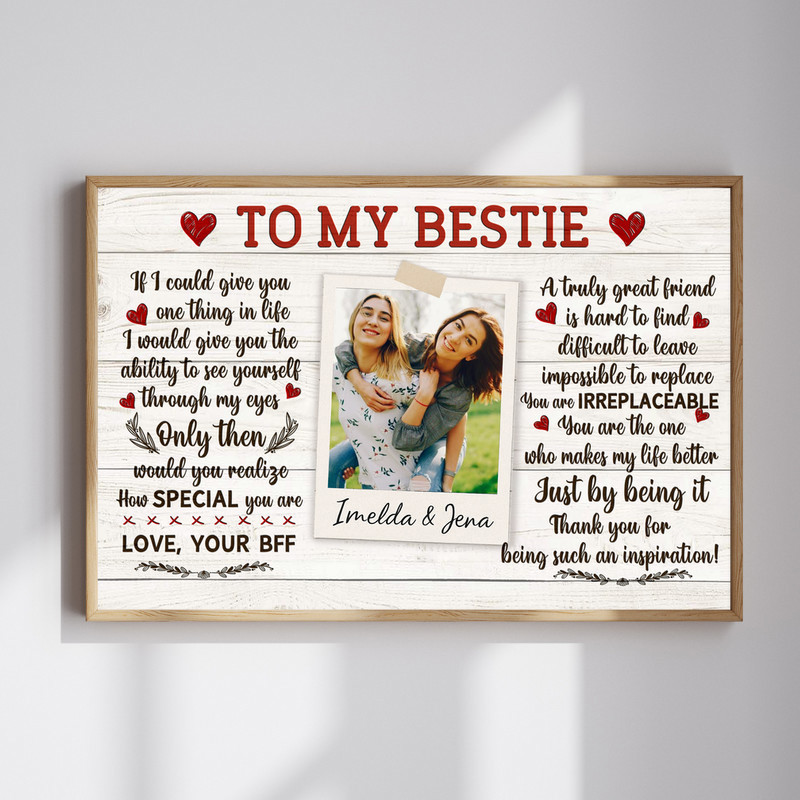 Best friend canvas wall art, personalized with your photo and heartfelt quote on farmhouse rustic shiplap background | Family Wall Decor