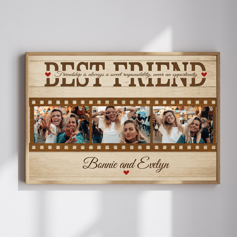 Personalized best friends photo collage canvas with rustic farmhouse wood, custom names and date, landscape layout | Family Wall Decor