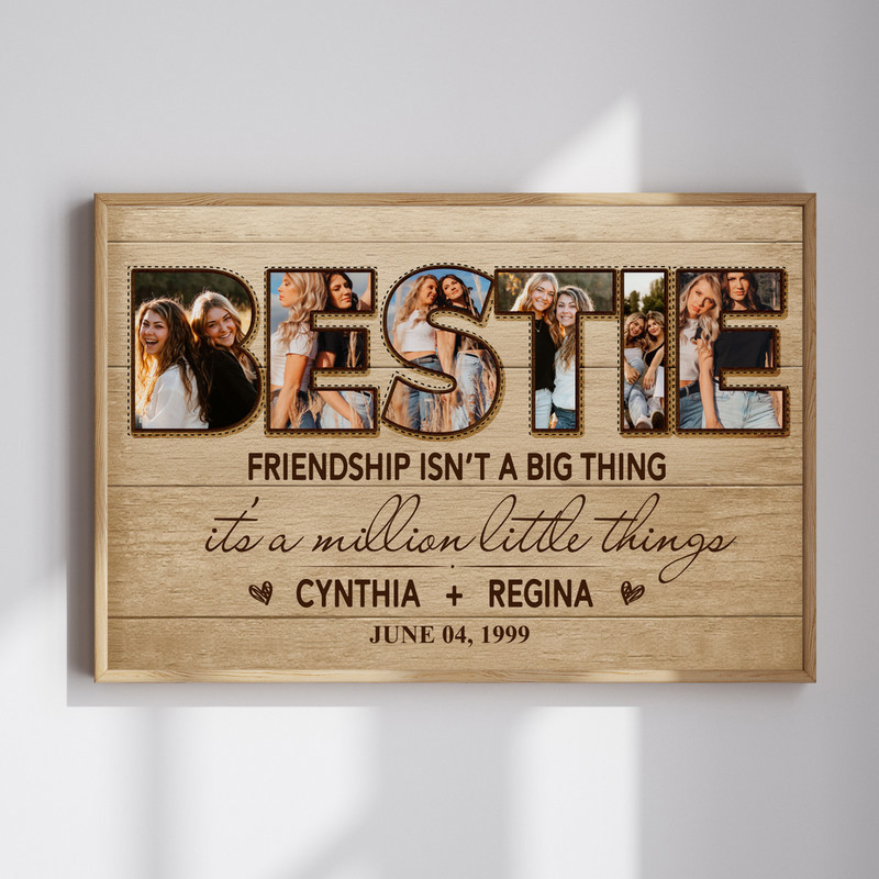 Personalized bestie photo collage canvas print with custom photos and text, rustic farmhouse style, perfect best friend gift | Family Wall Decor