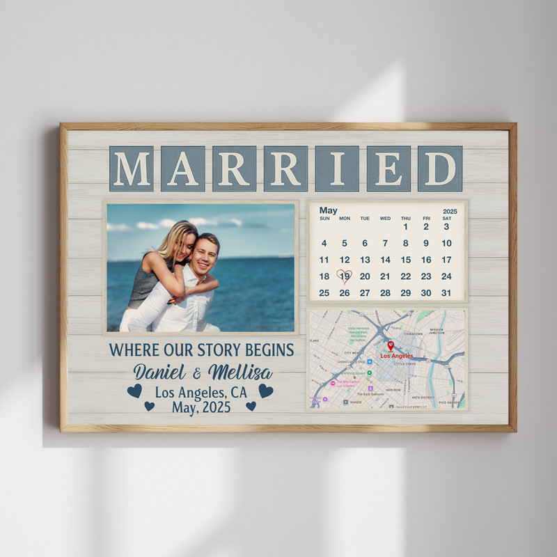 Personalized wedding date map canvas wall art with calendar, coastal rustic farmhouse design, couples gift, landscape orientation | Familywalldecor