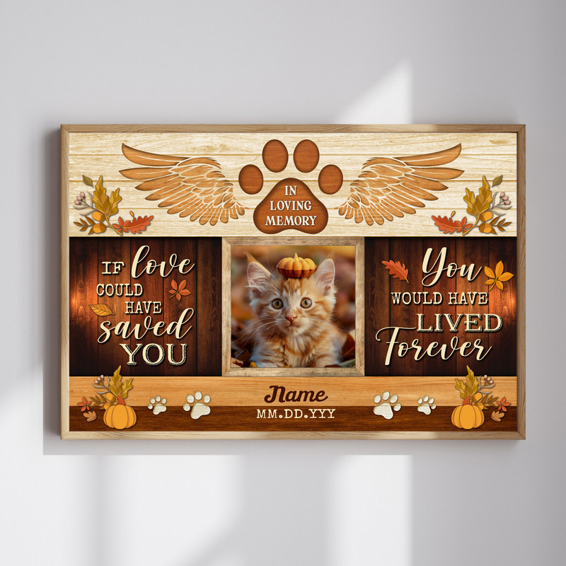 Cat memorial canvas wall art with custom photo, name, and dates in a fall farmhouse style, Thanksgiving remembrance | Familywalldecor