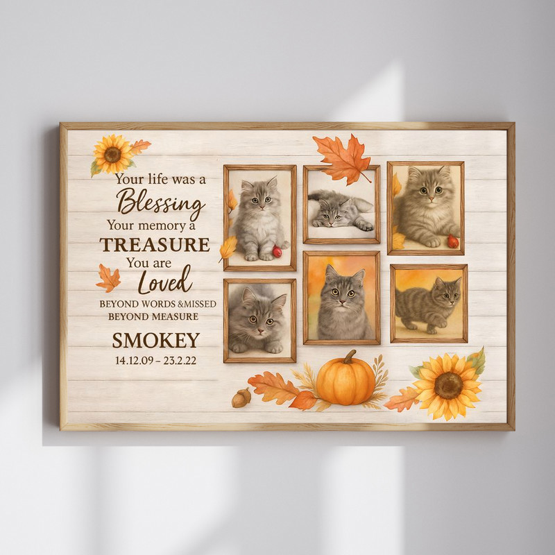 Personalized Cat Memorial Canvas - Pet Loss Photo Collage Wall Art - Thanksgiving Tribute For Cats - Fall Farmhouse Vibes | Familywalldecor