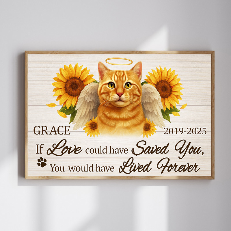 Cat memorial portrait canvas in farmhouse sunflower style, personalized with pet name and dates, sympathy gift | Familywalldecor