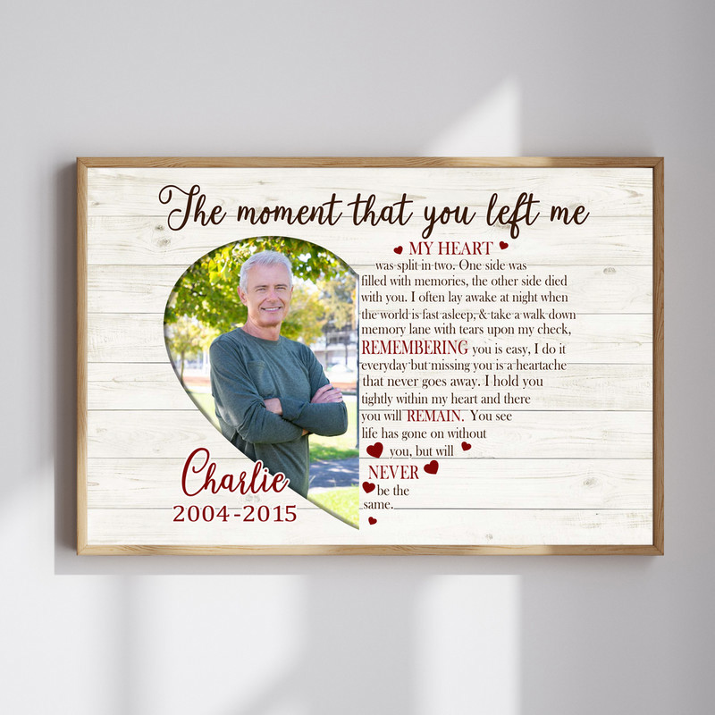 Dad memorial canvas wall art with angel wings and halo, personalized with name and dates, rustic wood style, portrait. | Familywalldecor