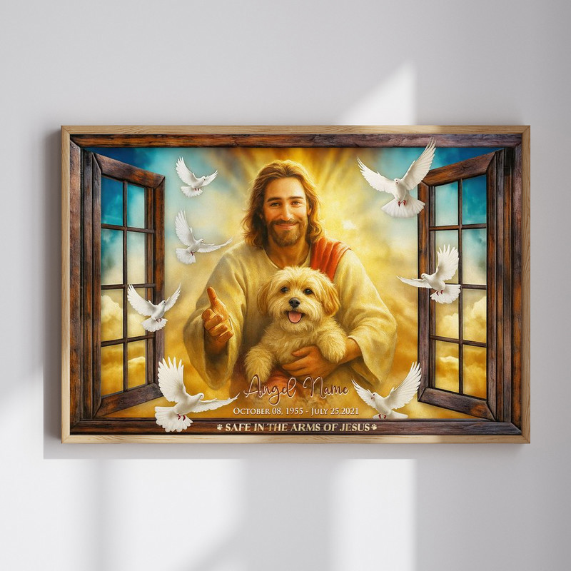 Dog memorial canvas wall art personalized with your pet photo in a rustic window frame and 'Safe in the Arms of Jesus' quote | Familywalldecor