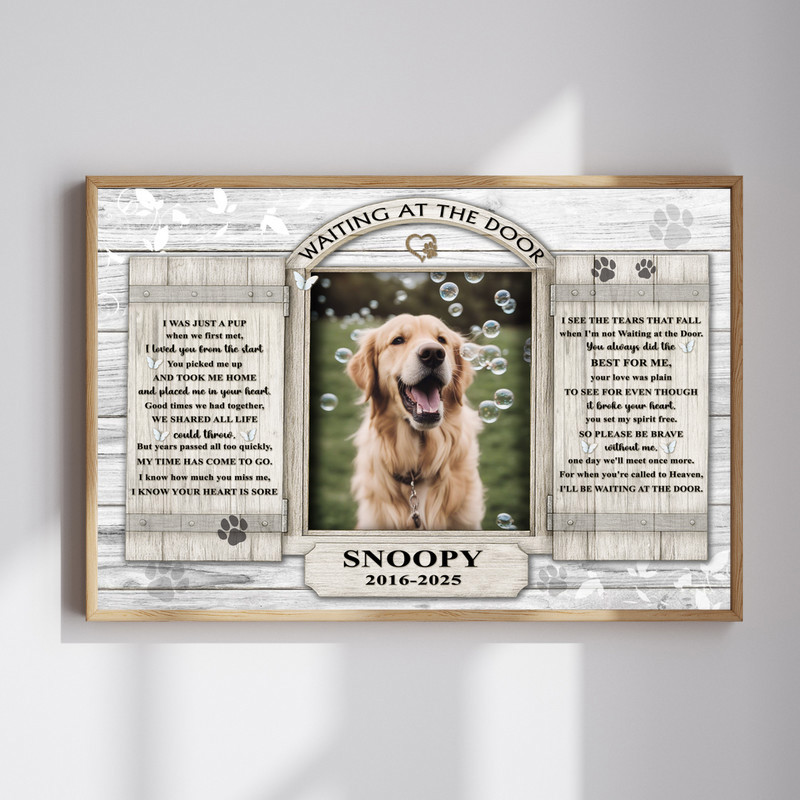 Dog memorial canvas wall art in rustic farmhouse style with custom photo, pet name and dates, shiplap backdrop and paw prints | Familywalldecor