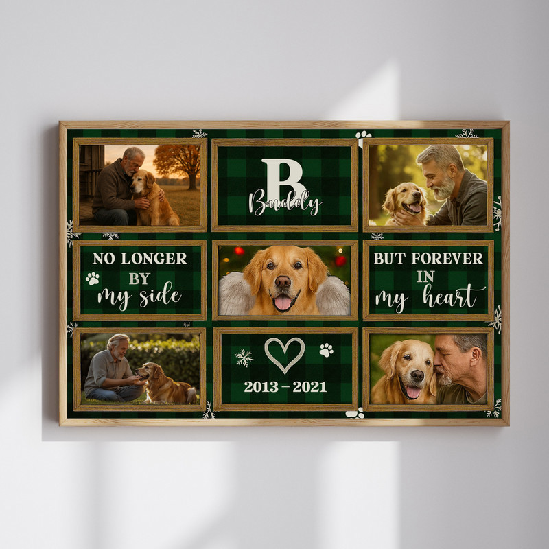 Dog memorial photo collage canvas with 'No Longer By My Side', custom pet name and dates, wood background, Christmas gift | Familywalldecor