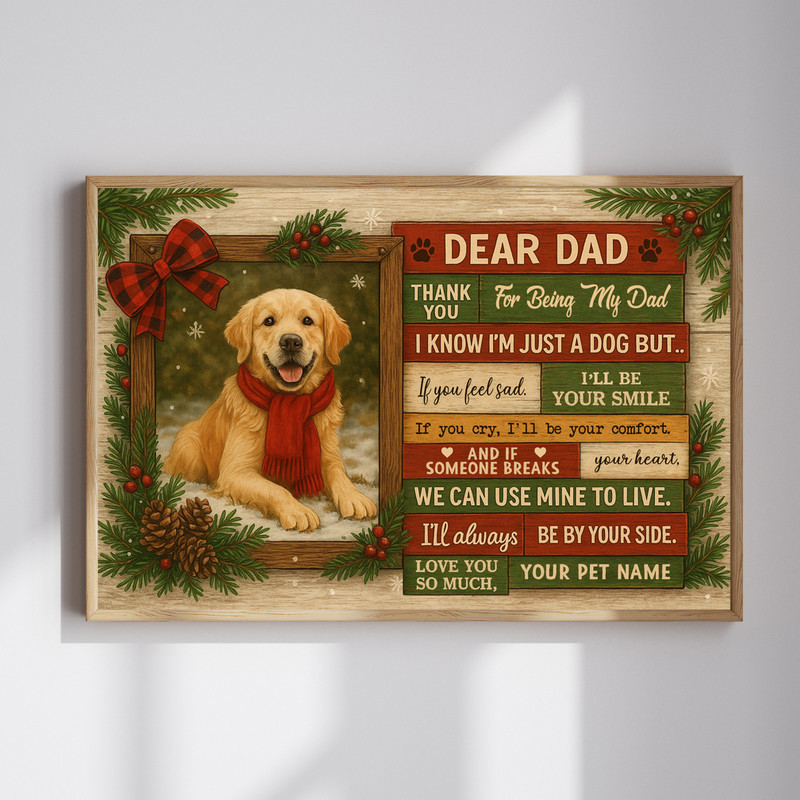Personalized dog portrait canvas in rustic farmhouse style, custom pet name, heartfelt Christmas gift for a proud dog dad | Familywalldecor