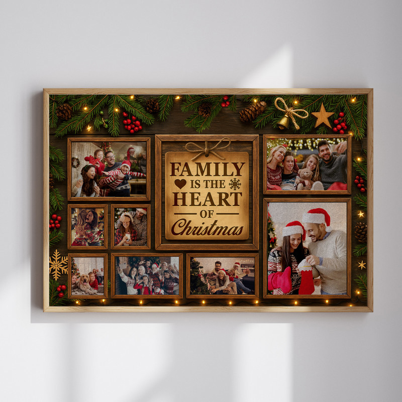 Family Christmas canvas photo collage, personalized with family name and year, rustic farmhouse quote decor, horizontal art | Familywalldecor