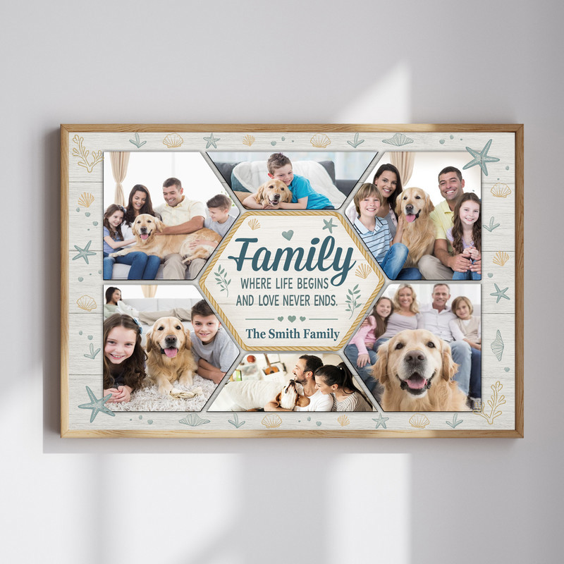 Family quote photo collage canvas wall art personalized with names, dates, and photos in coastal farmhouse style for parents | Familywalldecor