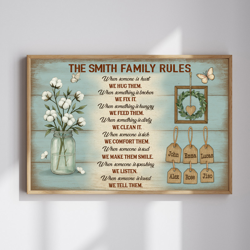 Rustic farmhouse family rules canvas wall art with custom names, portrait in weathered white for entryway decor