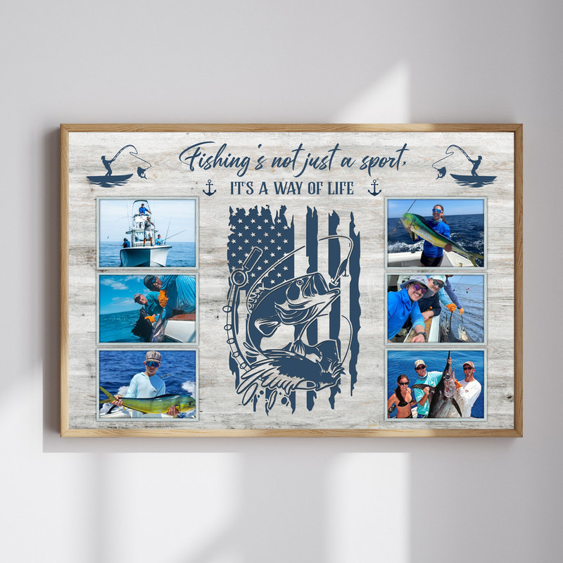 Fishing photo collage canvas wall art, rustic farmhouse, custom multi-photo layout with name, Father’s Day gift, landscape | Familywalldecor