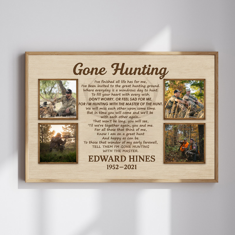 Gone Hunting memorial canvas wall art with deer antlers, forest silhouette, rustic wood background, custom name and dates | Familywalldecor
