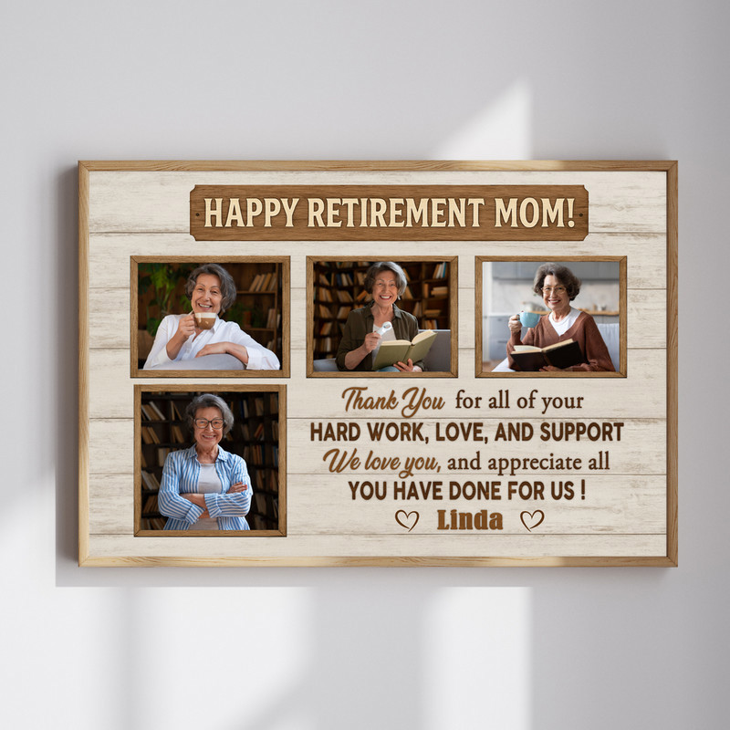 Happy retirement mom photo collage canvas wall art with personalized photos, mom's name and retirement date, message | Familywalldecor