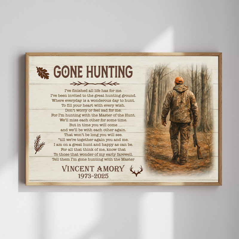 Hunting memorial canvas print with Gone Hunting text, personalized with name and dates, rustic woodland design, landscape | Familywalldecor