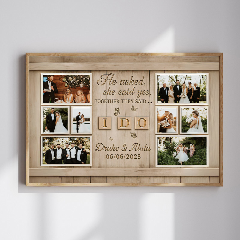 Wedding canvas wall art with 'I Do' custom photo collage, personalized names and date, thoughtful gift for newlywed couple | Familywalldecor