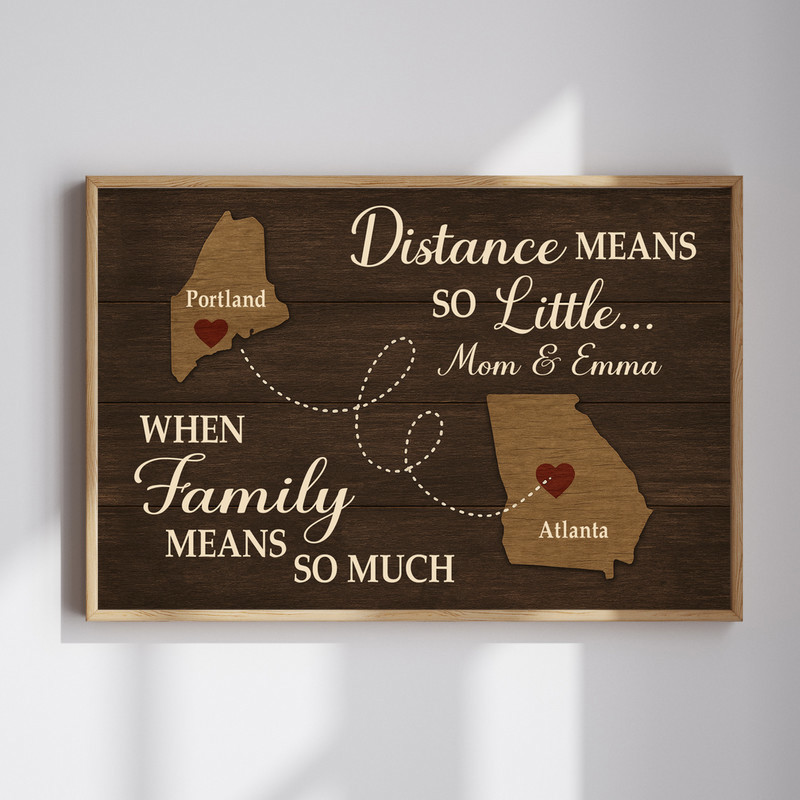 Long-distance family map canvas wall art personalized with names and locations, minimalist black-and-white, landscape | Familywalldecor