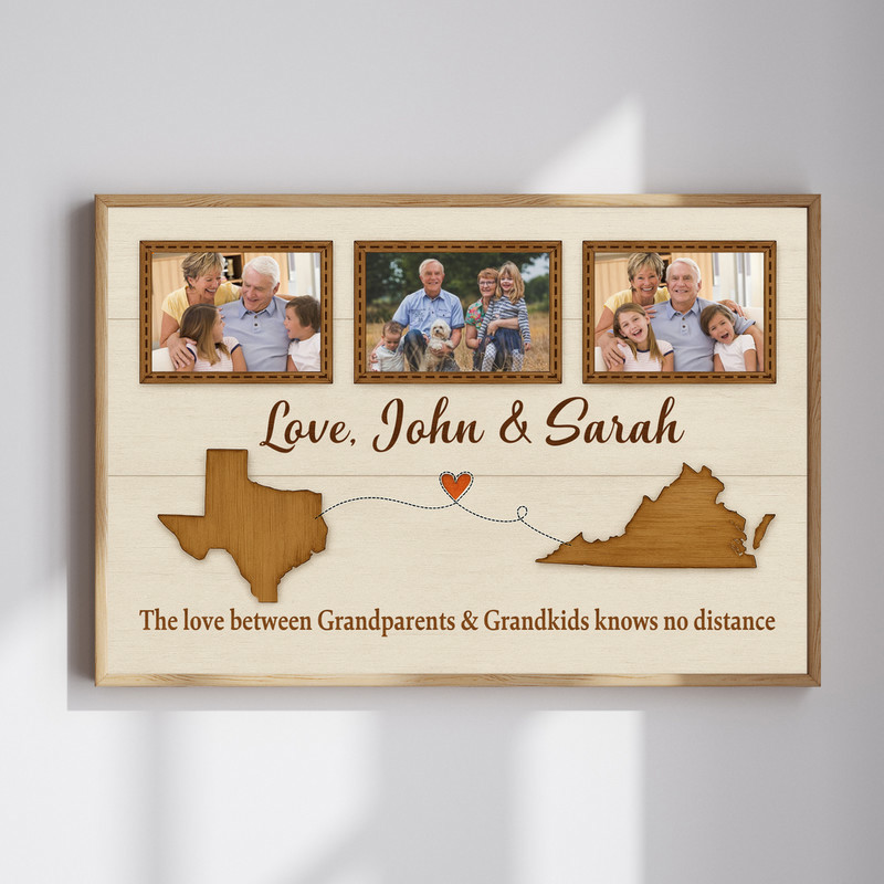 Long-distance family canvas wall art of the love between grandparents and grandkids, personalized with names and locations. | Familywalldecor