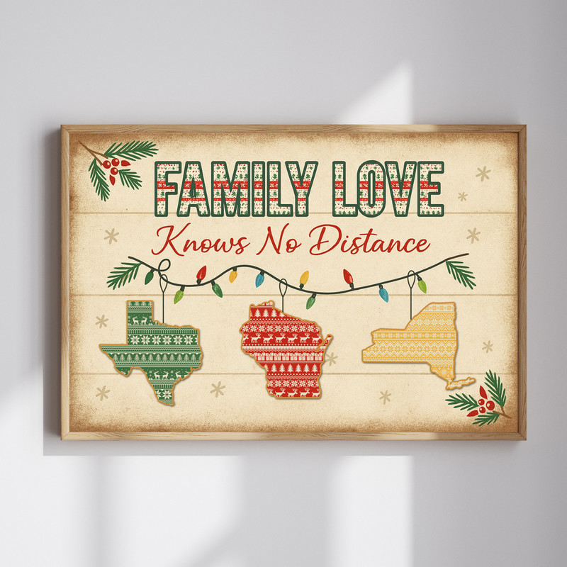 Long distance family Christmas canvas wall art, farmhouse style with connected hearts, personalized names and locations | Familywalldecor