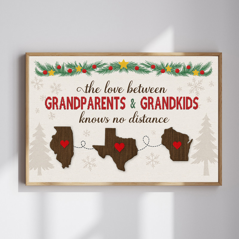 long distance grandparents and grandkids canvas wall art, map with connected hearts, custom names, locations, Christmas gift | Familywalldecor