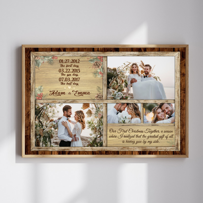 Personalized love story timeline Christmas canvas wall art with couple photo collage, custom names and milestone dates | Familywalldecor
