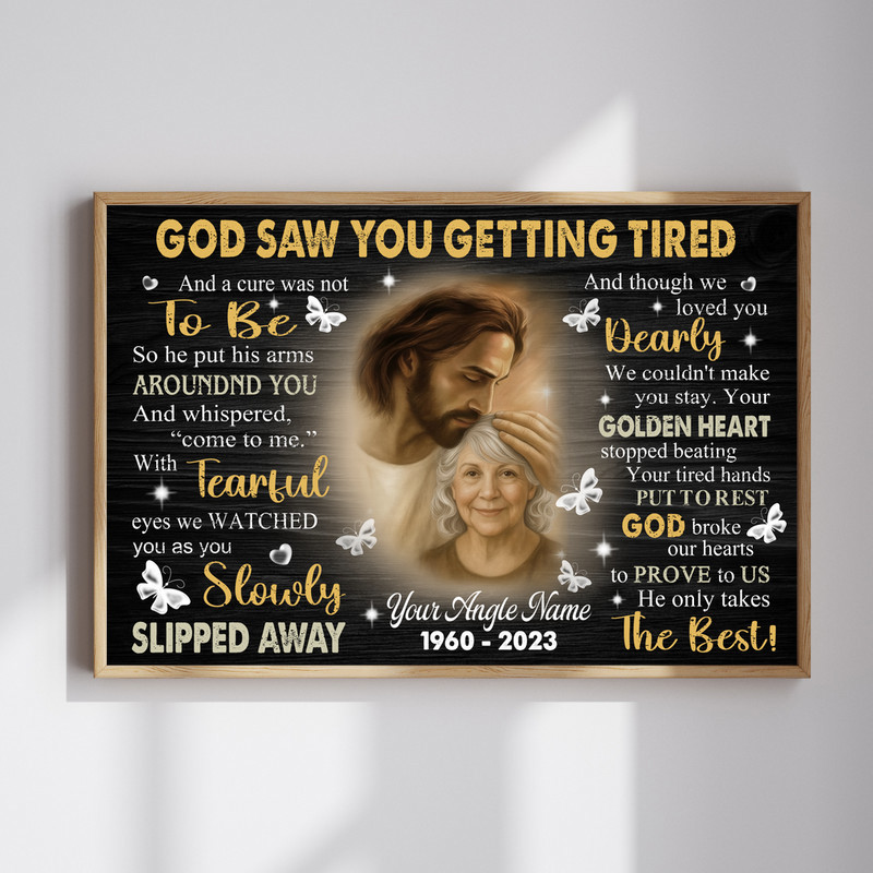 Memorial canvas wall art featuring Safe in Jesus' Arms, personalized with name and dates, sympathy gift for Dad or Mom | Familywalldecor