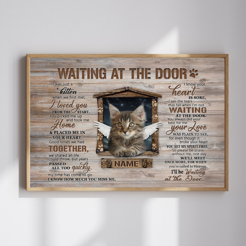 Cat memorial canvas wall art with Waiting at the Door poem, personalized name and dates, beige background, horizontal | Familywalldecor