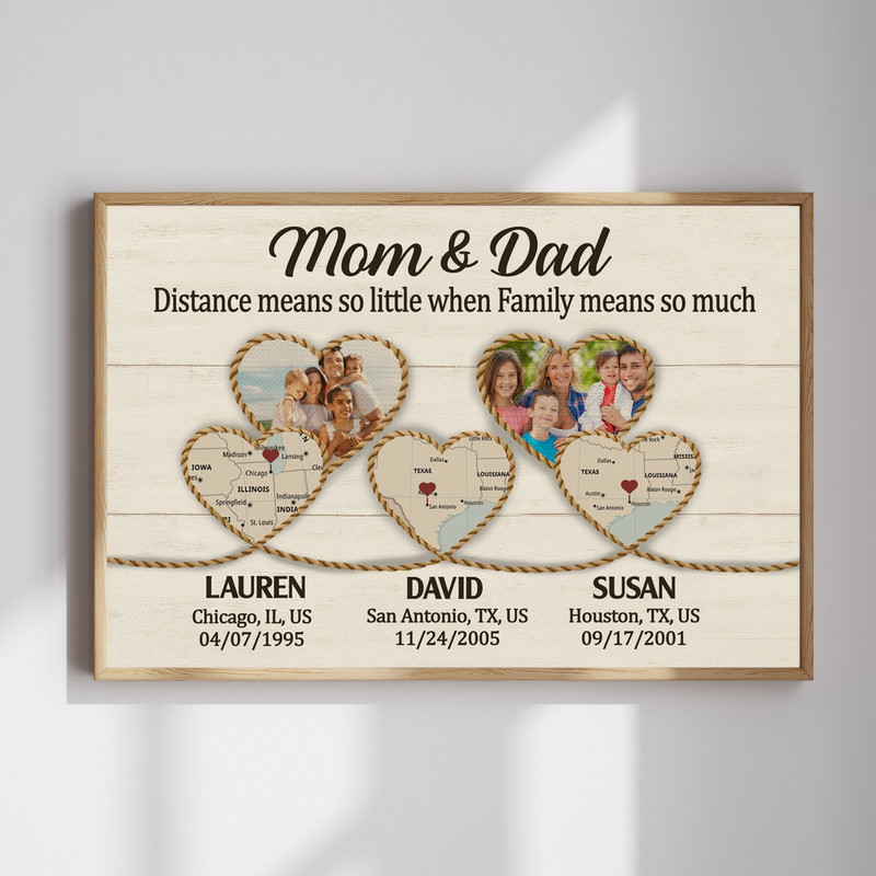 Rustic long-distance family map canvas wall art with heartfelt quote, personalized family names and locations, hearts linking states | Familywalldecor