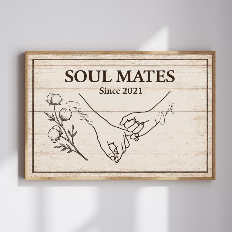 Personalized soulmates line art canvas wall art, minimalist black on white, portrait layout, custom names, anniversary gift | Familywalldecor