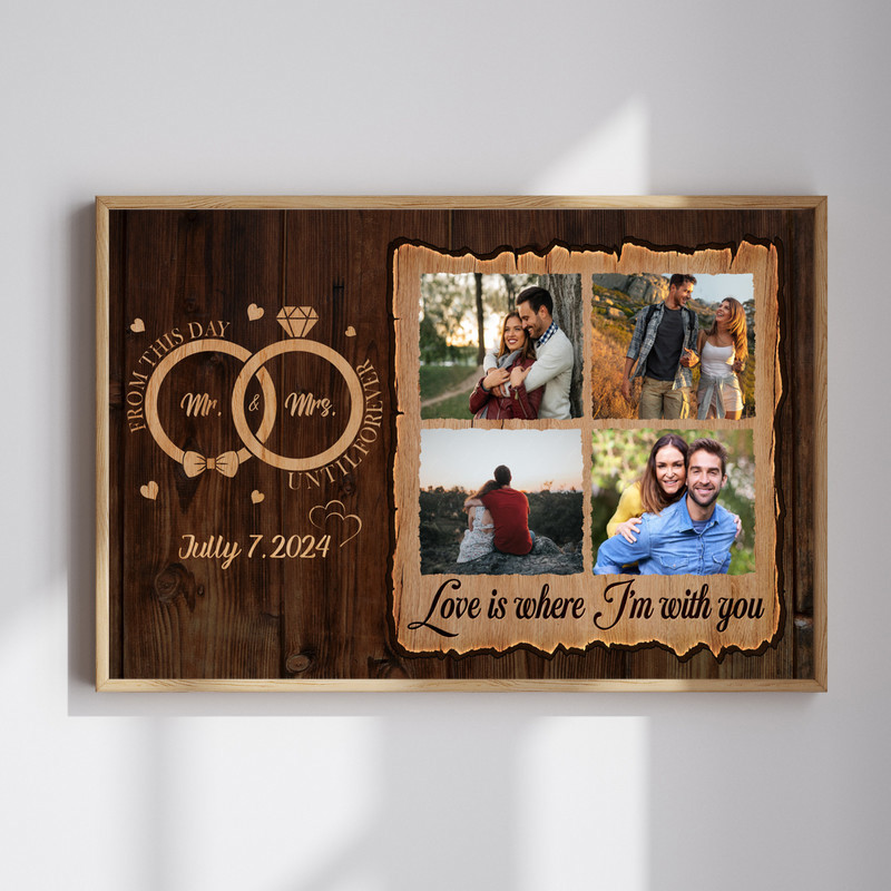 Personalized wedding proposal canvas wall art with couple photo, rustic farmhouse wood texture custom names and proposal date | Familywalldecor