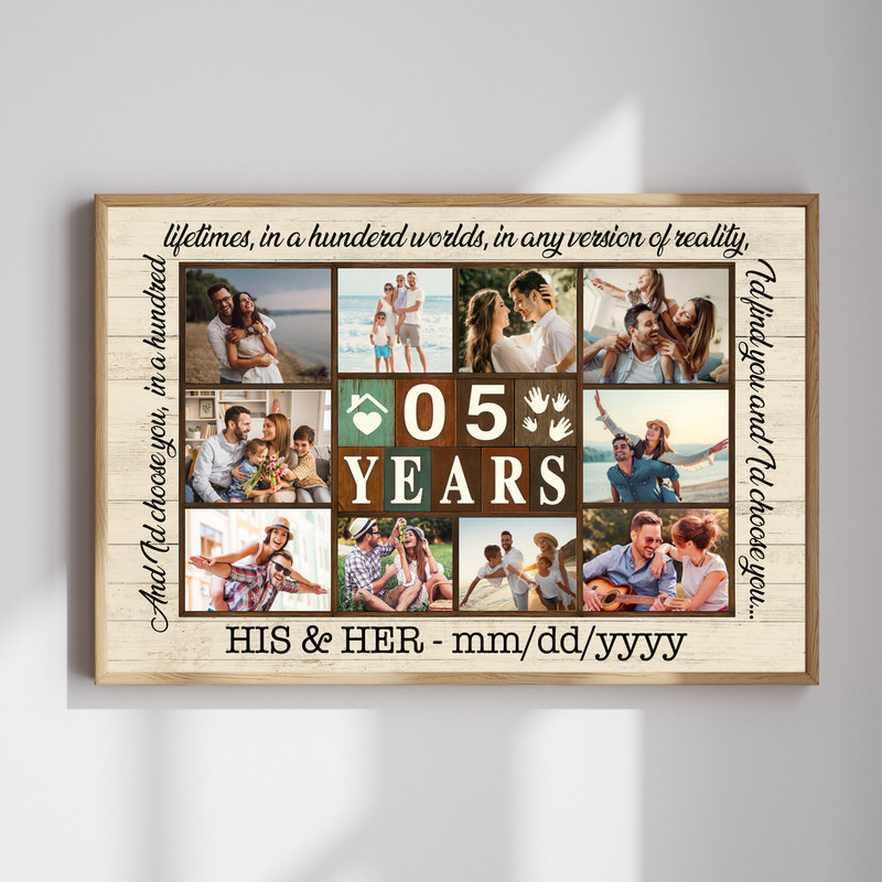 Anniversary photo collage canvas wall art, personalized with custom photos and date in rustic farmhouse style, gift for spouse | Family Wall Decor