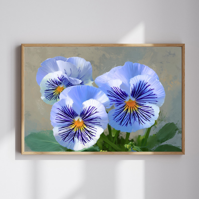 Blue pansy flowers canvas wall art in portrait orientation, detailed botanical blooms on canvas for bedroom or living room | Familywalldecor